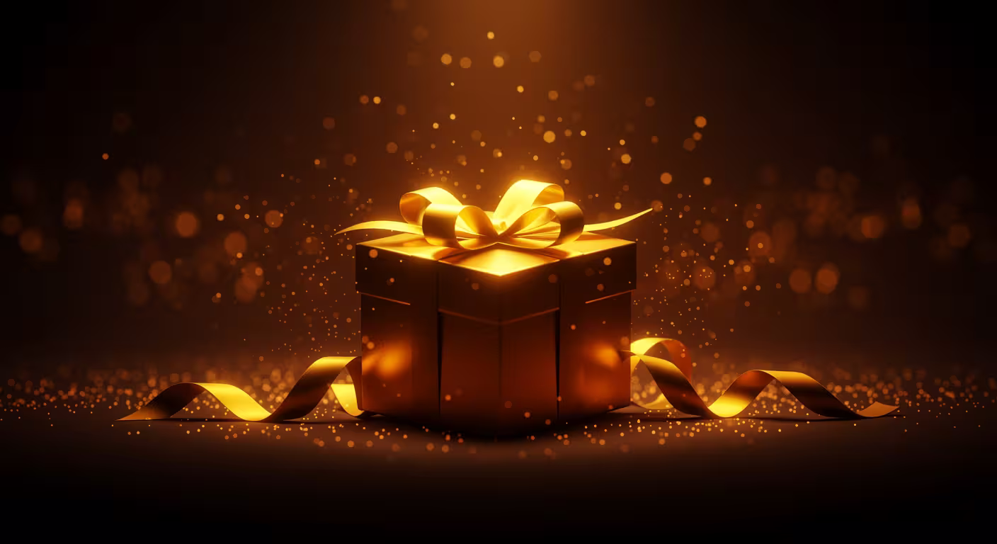 Golden gift box with radiant ribbon